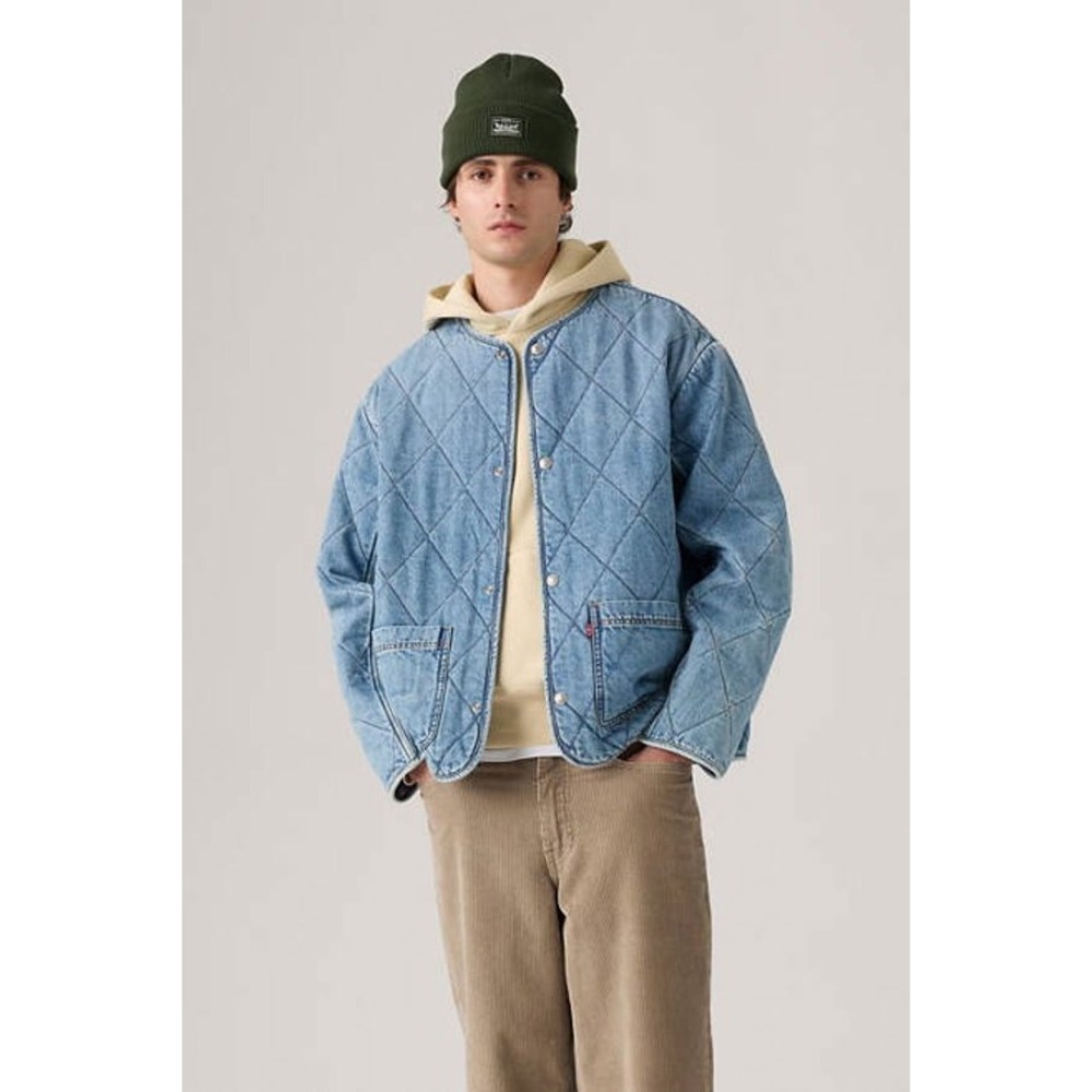 Levis Lodi Reversible Quilted Denim Plaid Oversize Jacket Medium Blue Snap Front